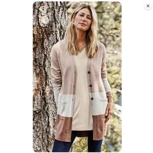 J JILL Cardigan XLP Neutral Colorblock Fall Stripe Long Line Pockets Minimalist